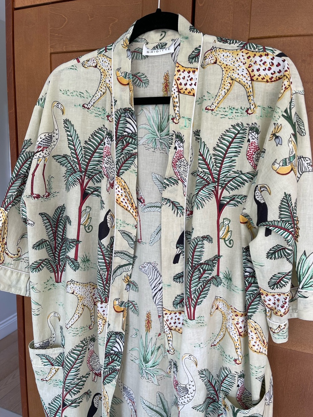 By Brigitte Tropical Animal Print 100% Cotton Bath Robe, Light Green/Multi O/S